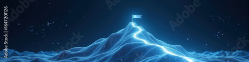 Polygonal wireframe mountain peak illuminated in neon blue tones with a small flag on top, symbolizing achieved goals against a dark navy background, ambitious concept. LinkedIn background, banner