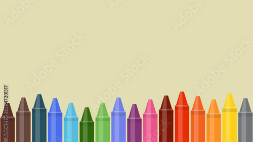 Row of colorful crayons illustration on a light beige background, vibrant wax pencils for school, kids, art, and creative design, perfect for educational materials, drawing projects, craft templates