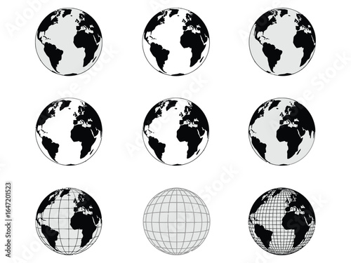 Multiple monochromatic earth globe icons representing global data and geography