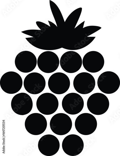 Simple black silhouette of a bunch of grapes with a leafy stem on a white background