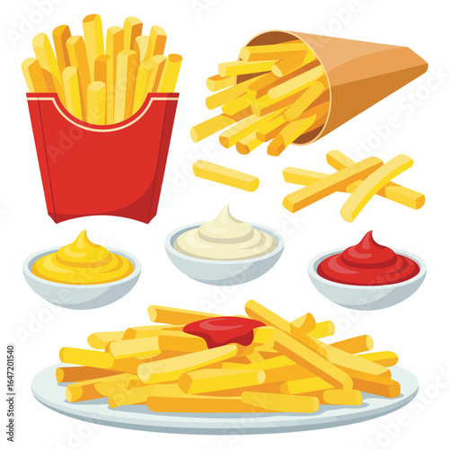 Delicious french fries with ketchup mustard and mayonnaise