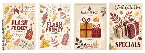 Colorful autumn-themed promotional posters featuring gifts and sale announcements.