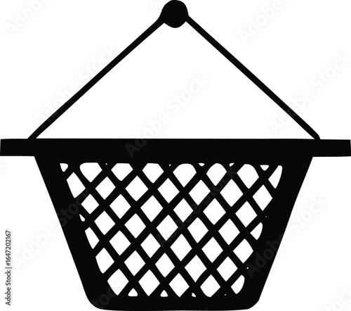 Simple silhouette of a woven basket suspended by two ropes from a horizontal bar