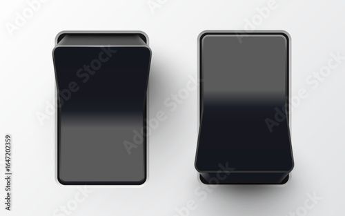 Set of realistic toggle switches in on and off positions. Plastic button. Vector illustration