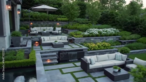 Modern tiered garden with outdoor furniture and water features