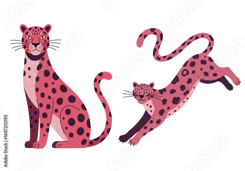 A set of two naive illustrations of cartoon leopards - on one the leopard is sitting, on the other it is jumping, for decorating a children's room or educational materials on the theme of animals