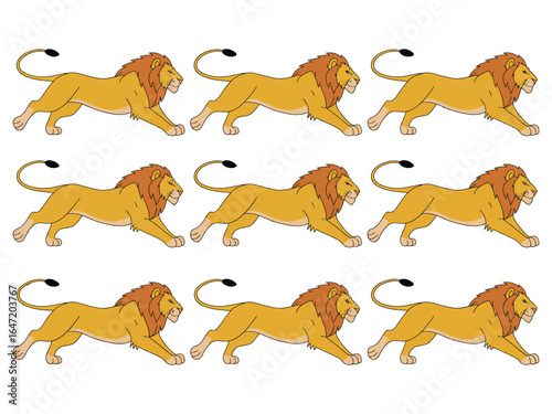 Illustrative depiction of multiple powerful cartoon lions running with dynamic energy