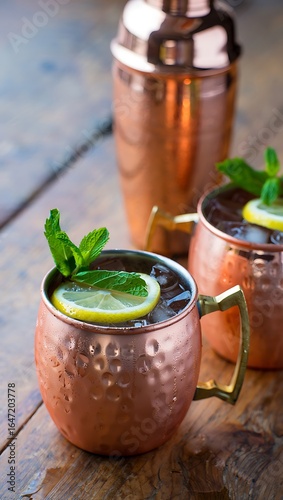 Refreshing Moscow Mule Cocktail Served in Copper Mugs on Rustic Wooden Table Ready to Enjoy with Friends and Family