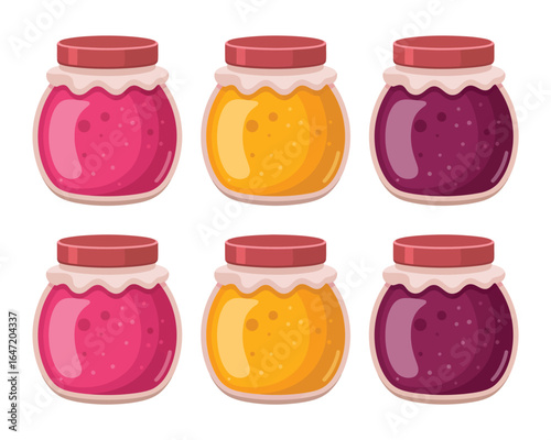 Six jars of colorful fruit jam preserves with red lids