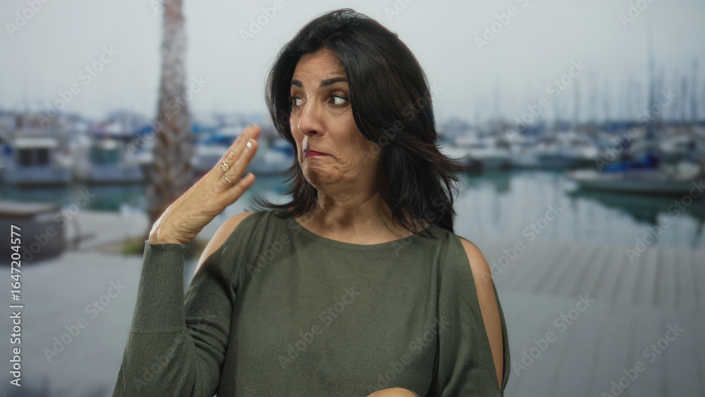 Fototapeta premium Woman pinches nose with her hand at port pier wearing green sweater while looking aside into sea breeze; disgust.