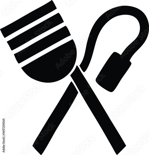 Iconographic representation of a microphone crossed with a whip symbolizing performance censorship or the power of voice and control