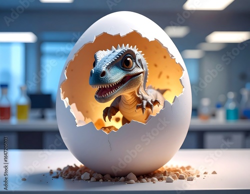 Fototapeta Naklejka Na Ścianę i Meble -  Cute dinosaur hatching from egg in lab