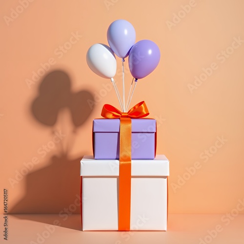 Stacked gift boxes with orange ribbons and purple and white balloons against a peach background, casting soft shadows, creating a festive, cheerful tone.