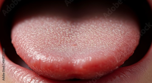 Close up of a human tongue displaying papillae and oral anatomy in detail