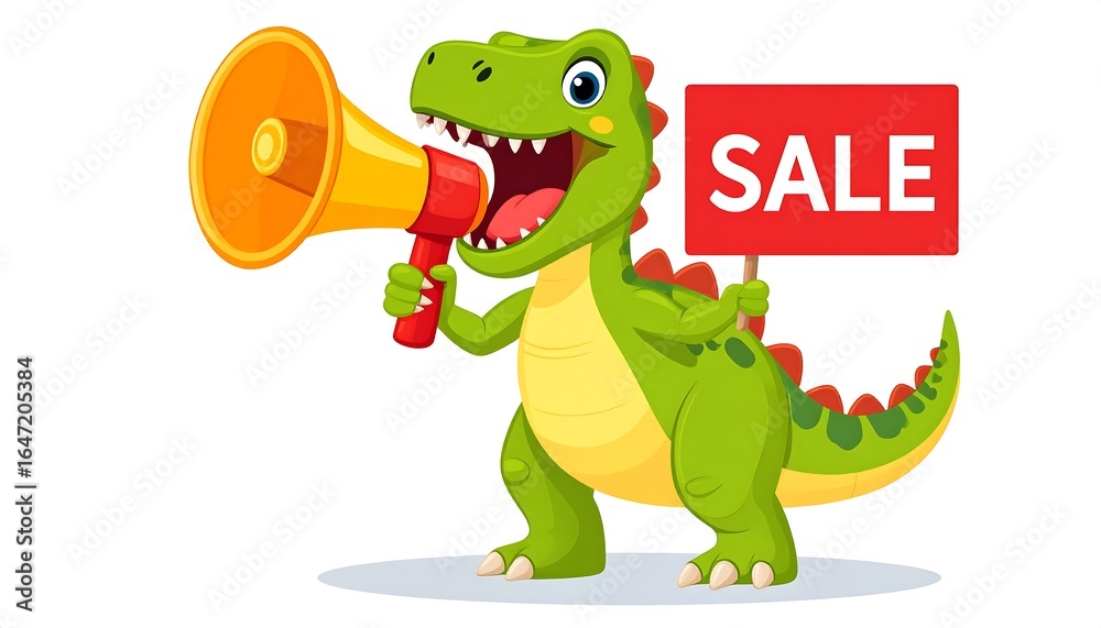 Naklejka premium Cute dinosaur holding megaphone and sale sign