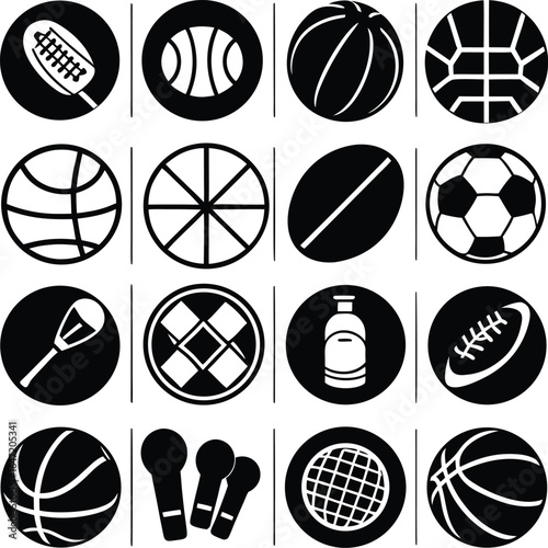 Collection of black and white circular icons representing various sports balls and equipment for athletic activities