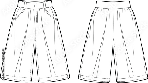 Wide leg pants front and back view, women’s fashion flat sketch, clothing technical drawing, palazzo trousers design, apparel template, vector illustration, outline