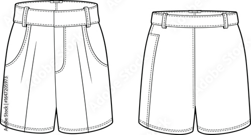 Women’s high waist tailored shorts, front and back view, flat fashion sketch, vector clothing design, apparel technical drawing, summer casual wear