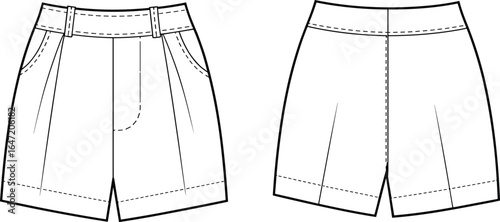 Women’s tailored shorts front and back view, flat fashion sketch, clothing design template, apparel technical drawing, vector illustration, casual summer wear
