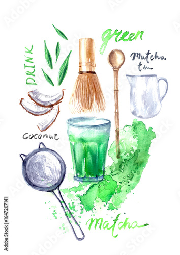 Hand drawn watercolor green matcha tea illustration. Cup, whisk, bamboo spoon, mat, teapot, leaves, sieve, powder, green stains. Traditional Japanese drink background collage