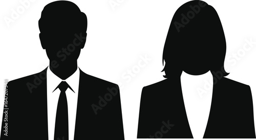 Businessman and businesswoman silhouette vector icons, professional male and female avatar illustrations, black isolated office people portraits for profile, resume