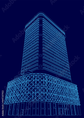 A tall skyscraper blueprint with clean white contour lines stands out against a dark blue background. The detailed architectural drawing highlights office spaces and structural elements.