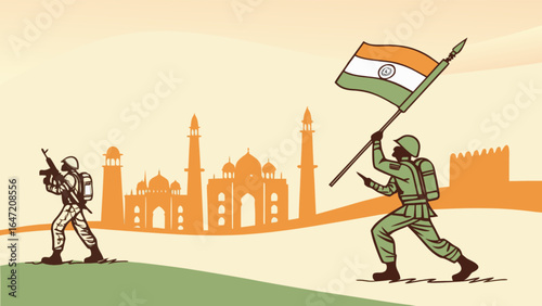 Indian independence day celebration with soldiers and flag at taj mahal illustration vector design