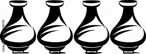 A minimalist black and white graphic illustration showcasing four identical vases with swirling patterns, evoking a sense of elegance and modern design