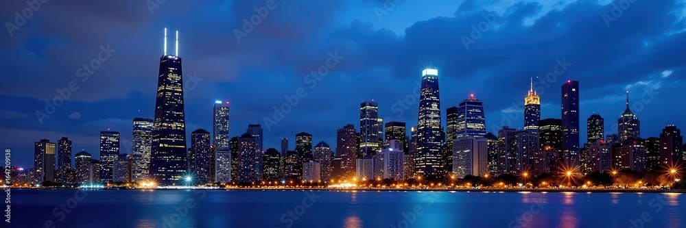 Obraz premium Night Chicago skyline, white background, iconic buildings illuminated, metropolis, contrast, lights