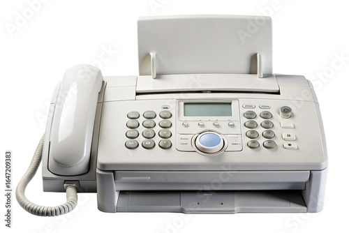 Classic beige fax machine with handset and paper tray
