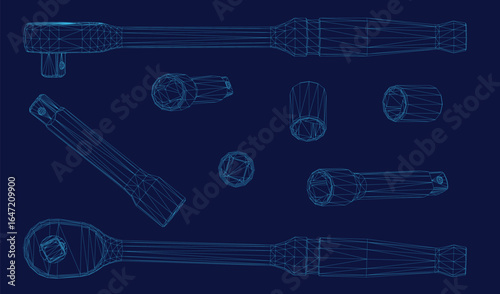 Blueprint of various tools including a ratchet and wrench displayed in wireframe style on a dark blue background. The detailed illustration highlights precise engineering and mechanical design.