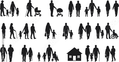 Family generations silhouettes, parents, children, grandparents, walking and together activities, community lifestyle and love concept, flat vector illustration design set