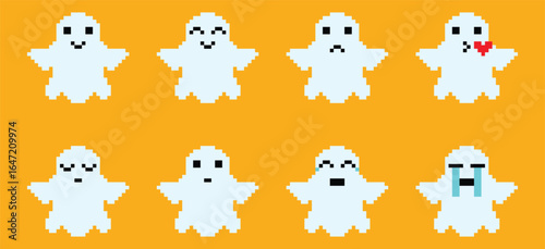 Ghost Pixel Art Emoji Set - Spooky and Cute Pixelated Expressions.