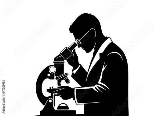 Silhouette of a scientist examining through a microscope
