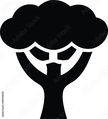 Stylized silhouette of a baobab tree with a thick trunk and a broad canopy of rounded clouds