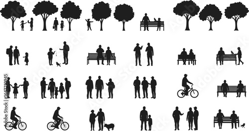 People silhouettes in park with trees, cycling, walking, sitting on benches, family outdoor activities, leisure time, community lifestyle, flat vector illustration