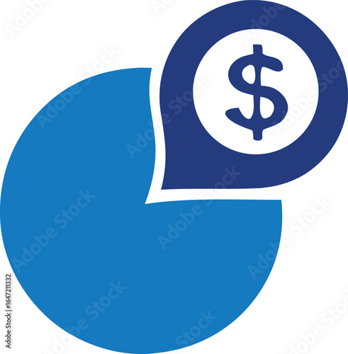 Conceptual illustration of financial data analysis represented by a blue pie chart with a dollar sign icon signifying monetary value and profit