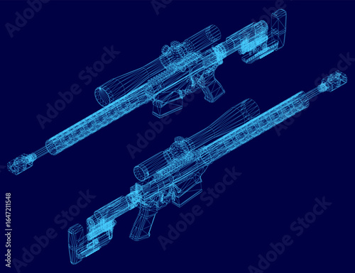 A detailed 3D wireframe model of a sniper rifle displayed on a clean blue background. The blueprint-style rendering highlights precise weapon components and mechanical structure.