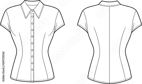 Short sleeve women’s fitted shirt front and back view, button up blouse design, fashion garment sewing pattern, CAD drawing flat vector illustration