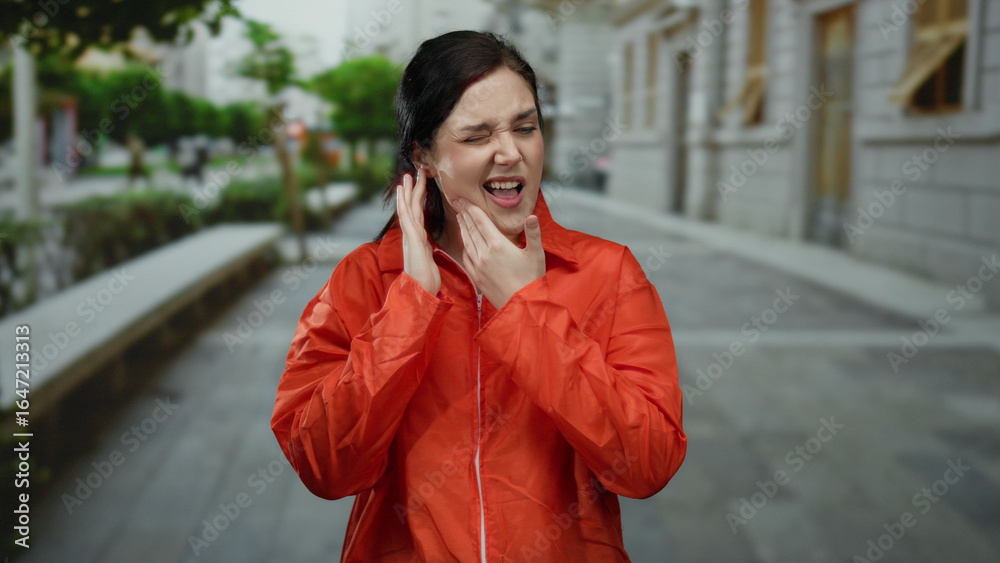 Woman wearing orange prison jumpsuit stands outdoors on a city street expressing discomfort. Woman wearing orange prison jumpsuit stands outdoors on a city street expressing discomfort.