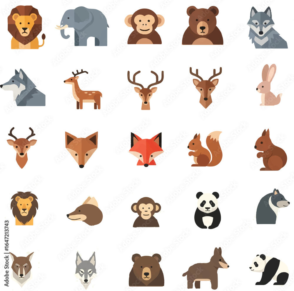 Obraz premium Set of modern flat design animal head icons. A diverse collection of wild forest and zoo animal portraits including a bear, wolf, fox, and deer.