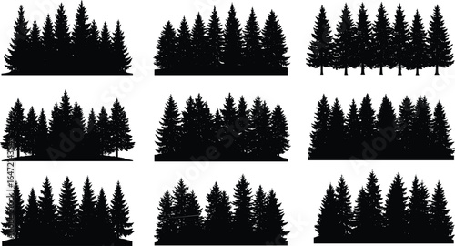 Pine tree forest silhouette vector set, black evergreen conifer trees illustration, natural woodland design elements, fir landscape vector collection, isolated