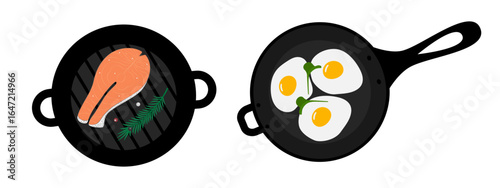 Salmon Fish Steak on Grill Pan and fried eggs with microgreen on pan with handle Food poster element