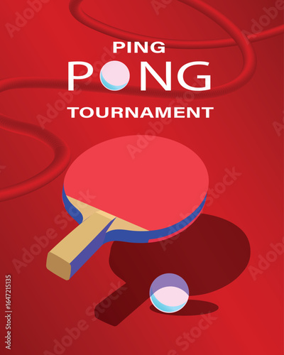 Table tennis tournament banner, racket on red table background, ball, flat design, abstract. Decor for poster design ping pong competition, sports club, racket sports accessories store