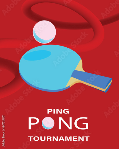 Ping pong tournament banner, racket and ball on bright red background, abstract background, table tennis competition. Flat design, tennis club design, racket sports training, sports hobby, activity