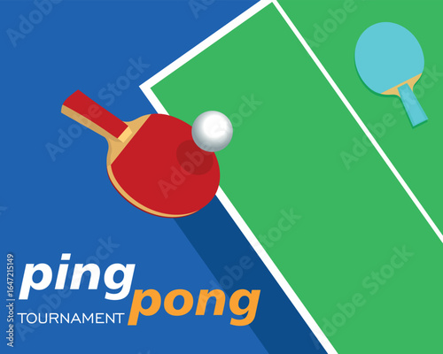 Ping pong tournament, championship poster, square format flat design, rackets on a green table background. Table tennis competition banner, team sport concept, active lifestyle, port club, training