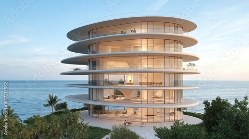Modern, circular, luxury beachfront condo building with multiple floors, glass balconies, and ocean views.