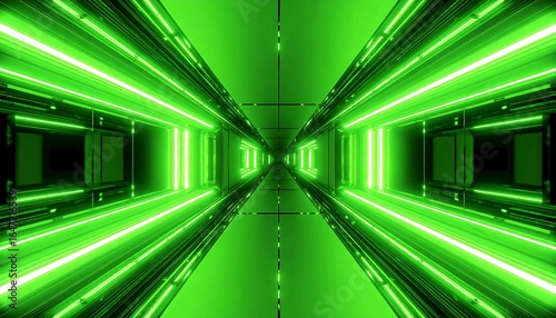 Futuristic green illuminated corridor with a reflective surface and light trails