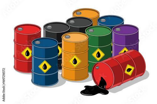 Colorful Barrels of Crude Oil and Hazardous Material Representing Global Economy and Environmental Concerns over Fossil Fuels