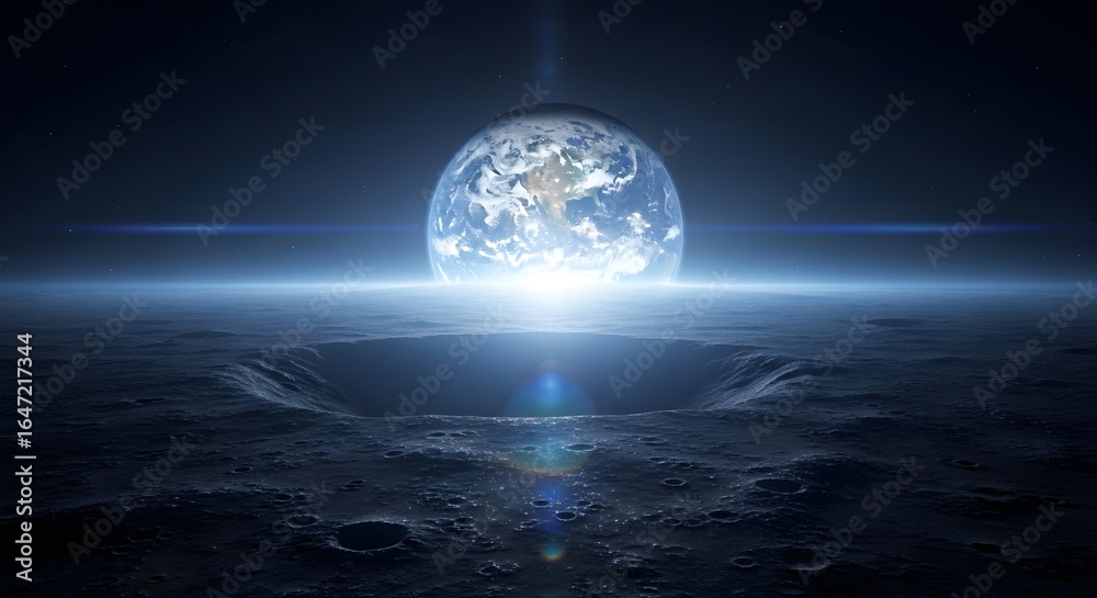 Fototapeta premium Earthrise is seen from the surface of the moon with a large crater view
